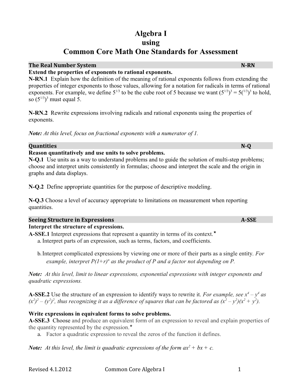 Common Core Math One Standards for Assessment