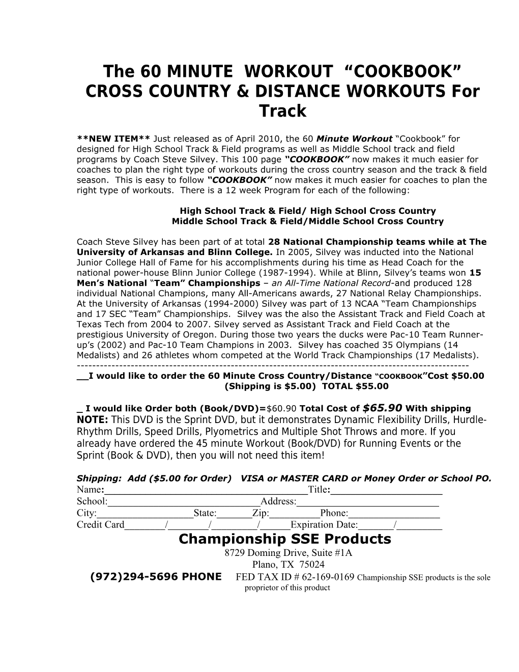 The 60 MINUTE WORKOUT - CROSS COUNTRY & DISTANCE WORKOUTS for Track & Field COOK BOOK