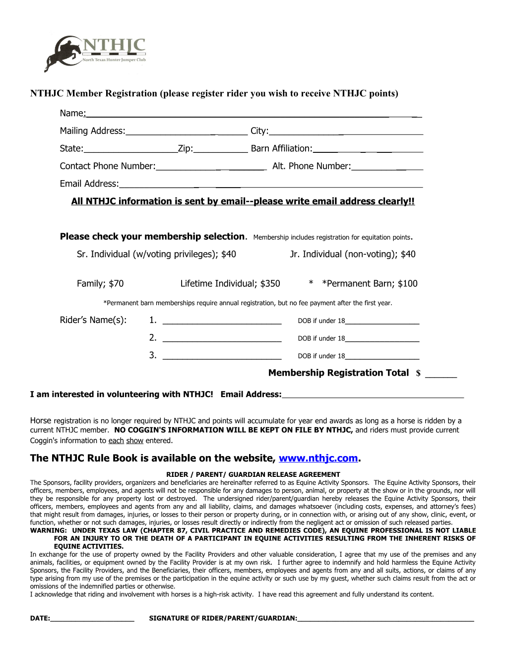 NTHJC Member Registration (Please Register Rider You Wish to Receive NTHJC Points)