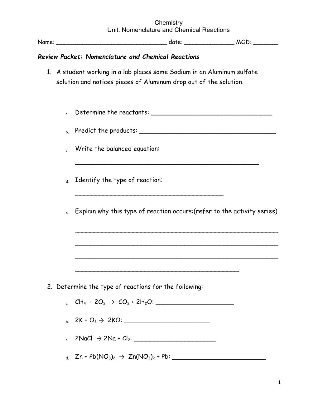 Review Packet: Nomenclature and Chemical Reactions