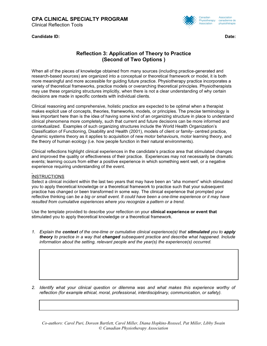 APPENDIX E Clinical Reflection Tools-Template with Suggestions