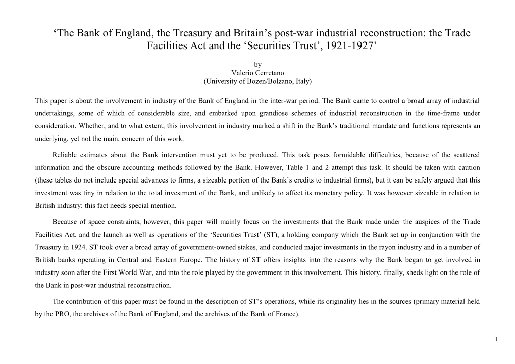 The Bank of England, the Treasury and Britain S Post-War Industrial Reconstruction: The