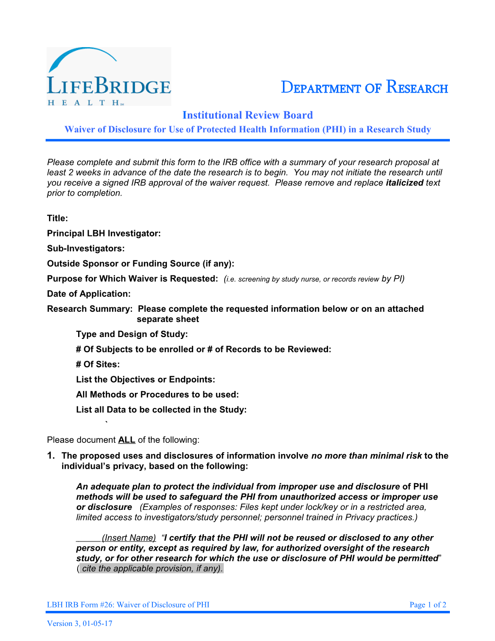 LBH IRB Form #26: Waiver of Disclosure of PHI Page 1Of 2