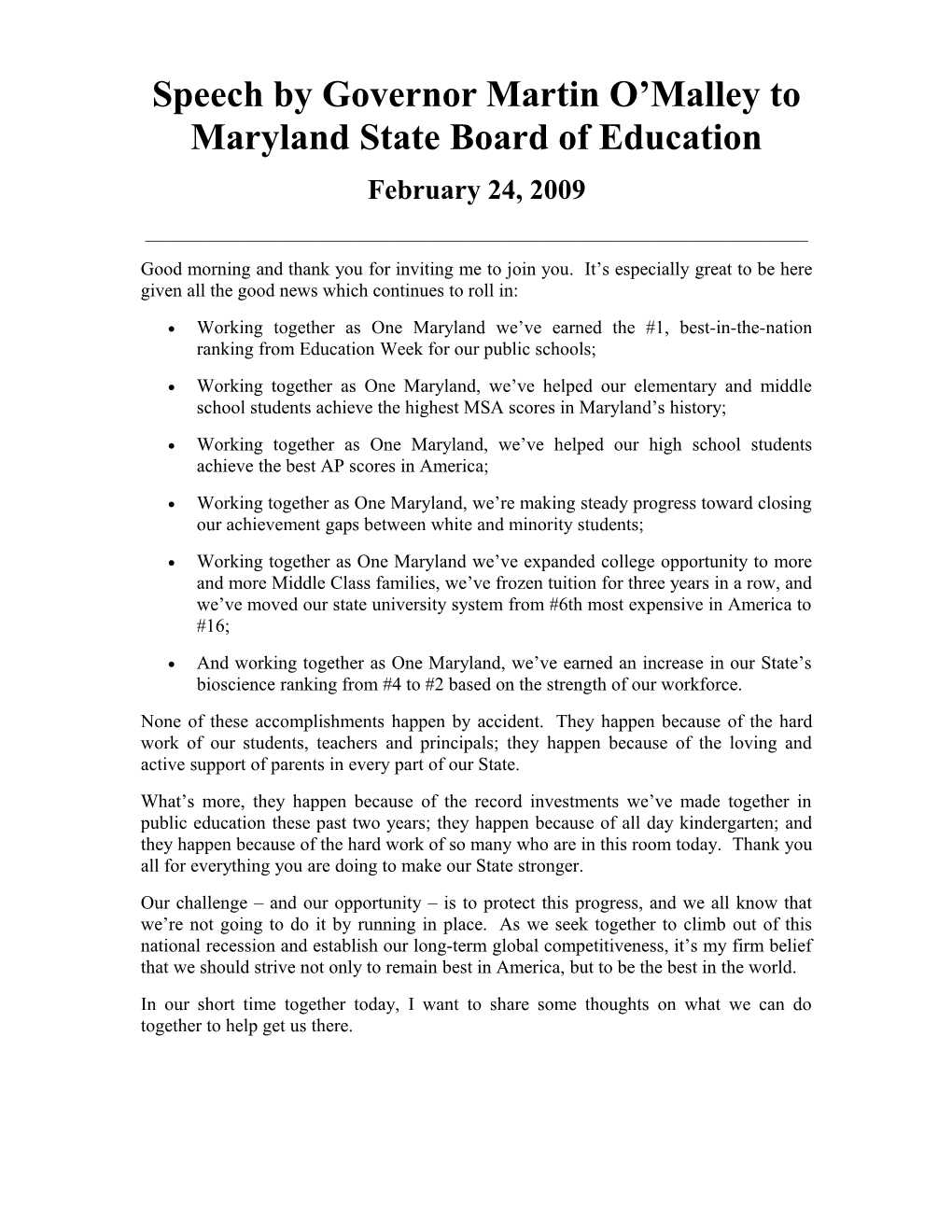 Speech by Governor Martin O Malley to Maryland State Board of Education