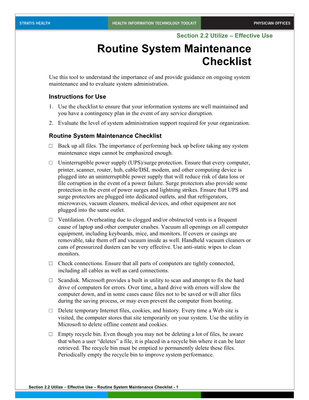 Routine System Maintenance Checklist
