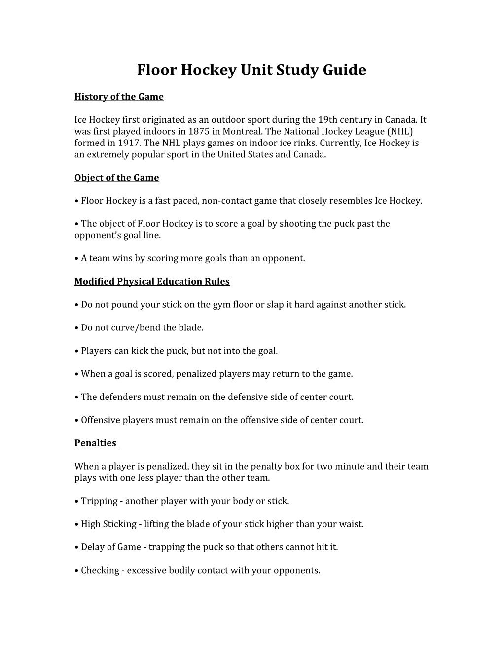 Floor Hockey Unit Study Guide