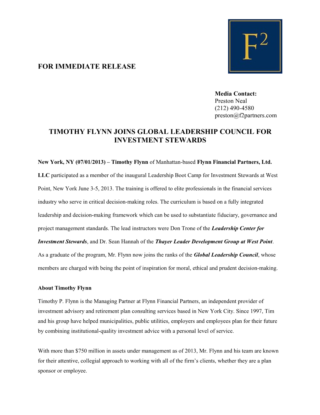 Timothy Flynn Joins Global Leadership Council for Investment Stewards