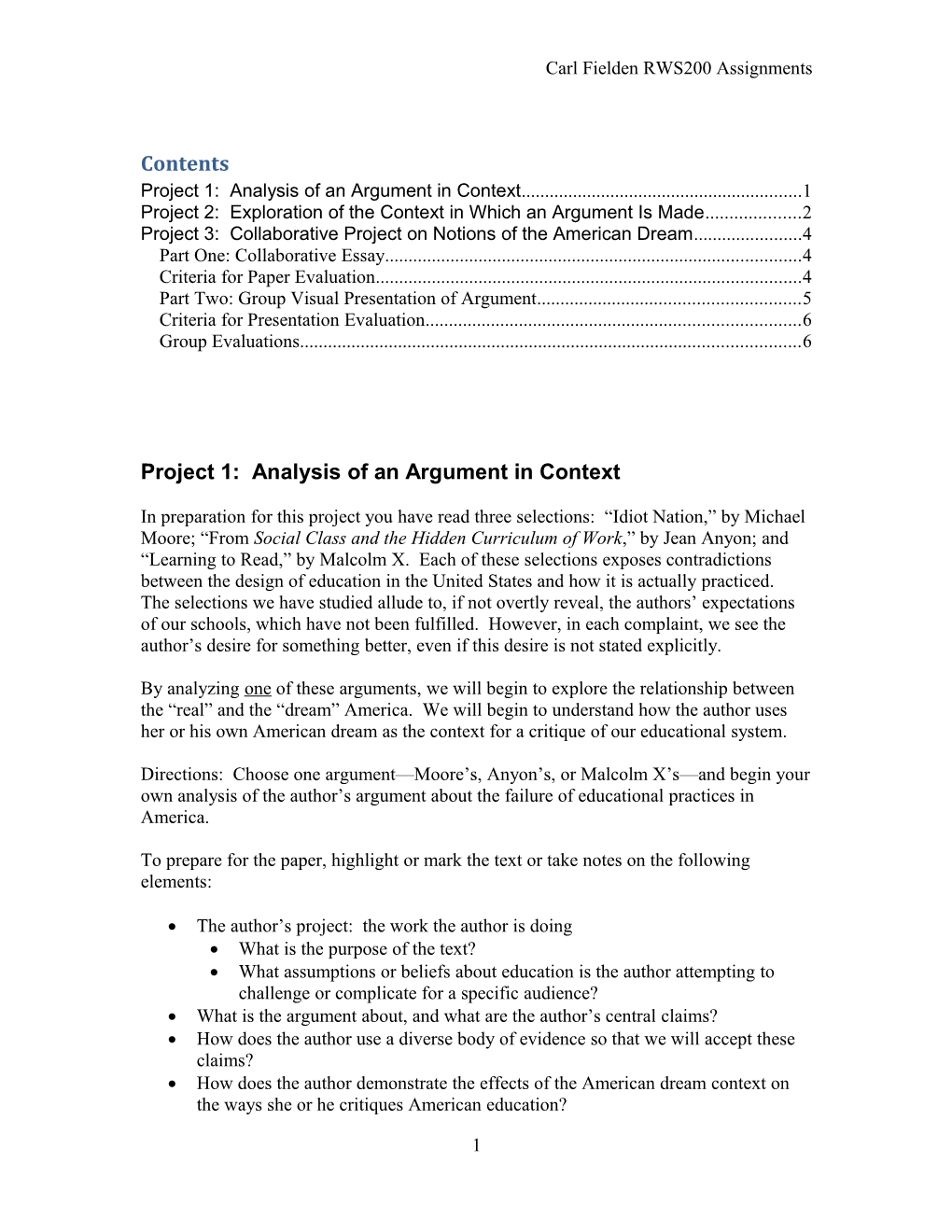 Project 1: Analysis of an Argument in Context