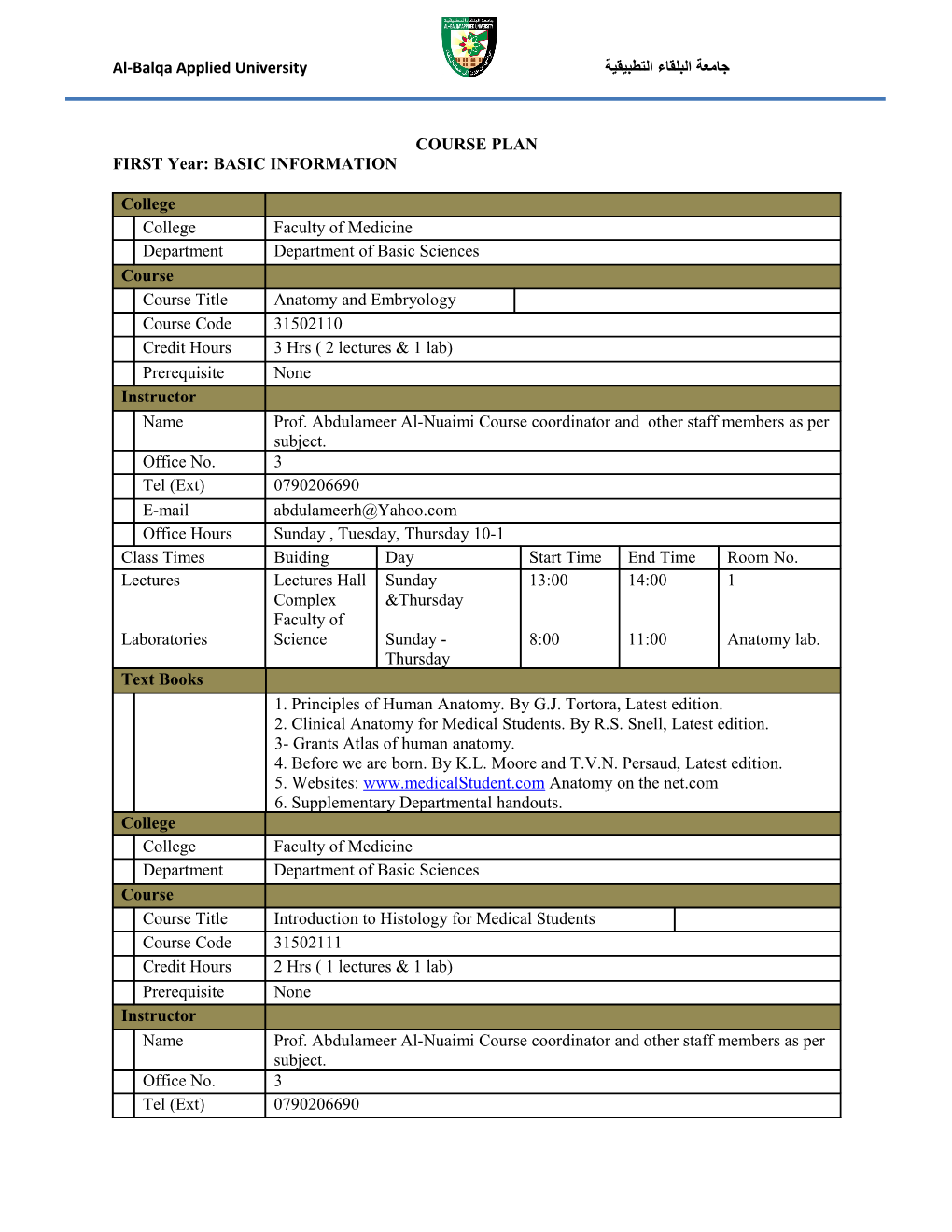 FIRST Year: BASIC INFORMATION