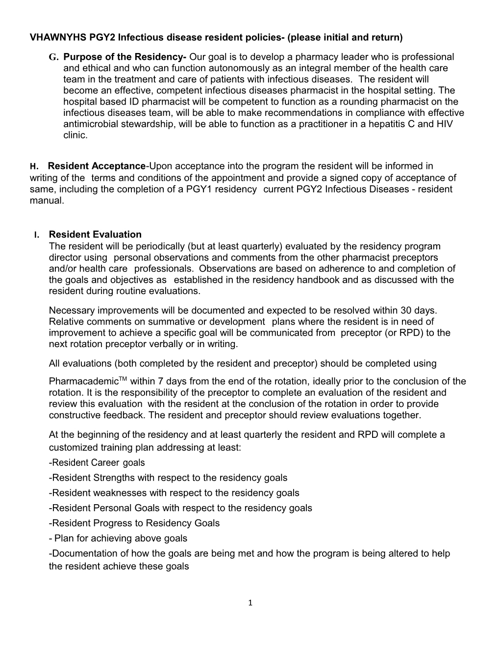 VHAWNYHS PGY2 Infectious Disease Resident Policies-(Please Initial and Return)