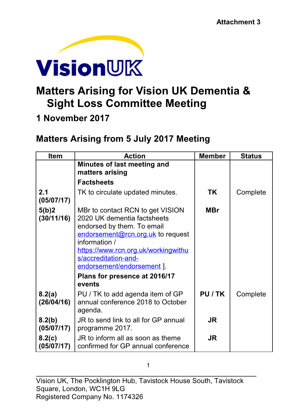 Matters Arising for Vision UK Dementia & Sight Loss Committee Meeting