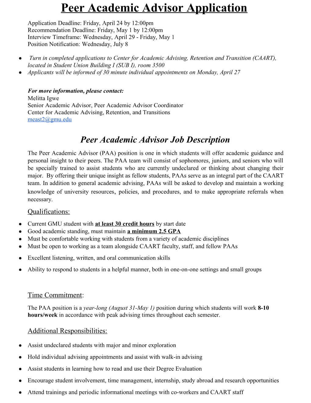Peer Academic Advisor Application