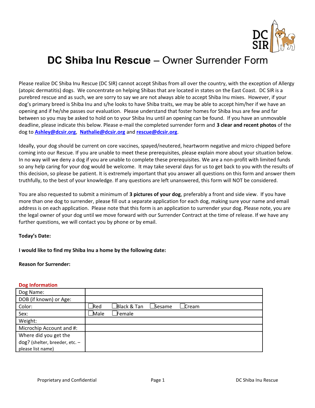 DC Shiba Inu Rescue Owner Surrender Form