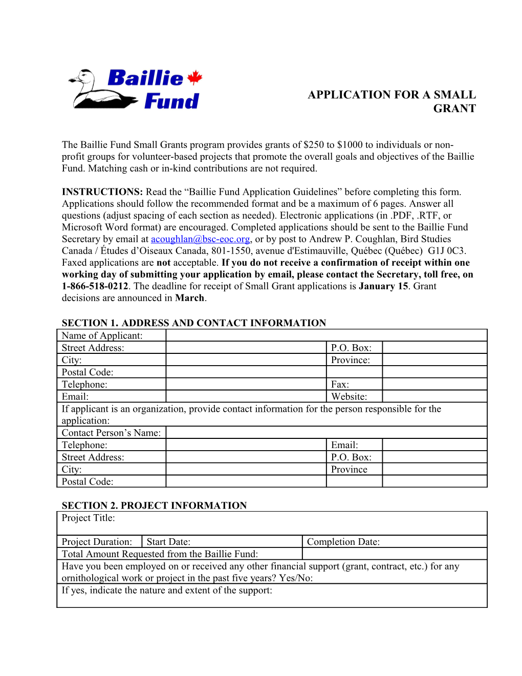 Application for a Small Grant