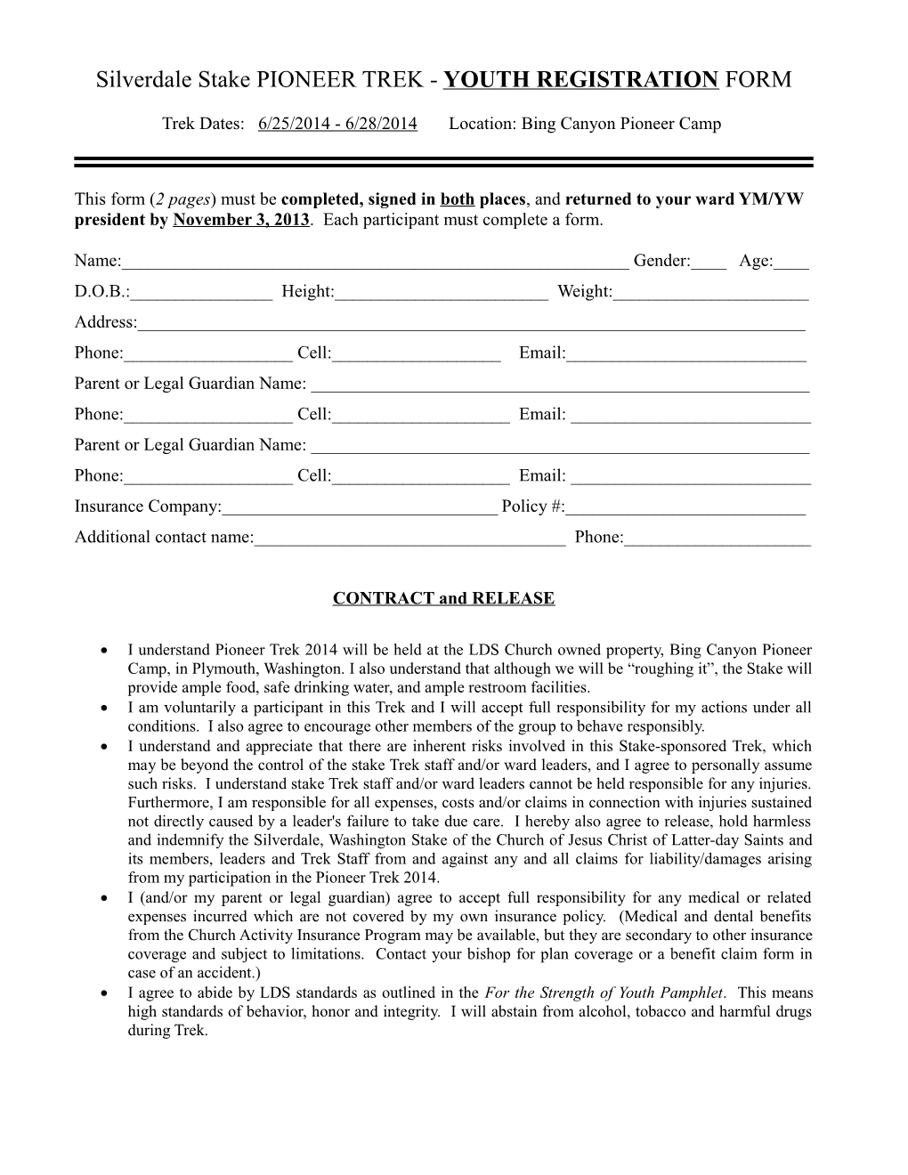 Silverdale Stake PIONEER TREK - YOUTH REGISTRATION FORM