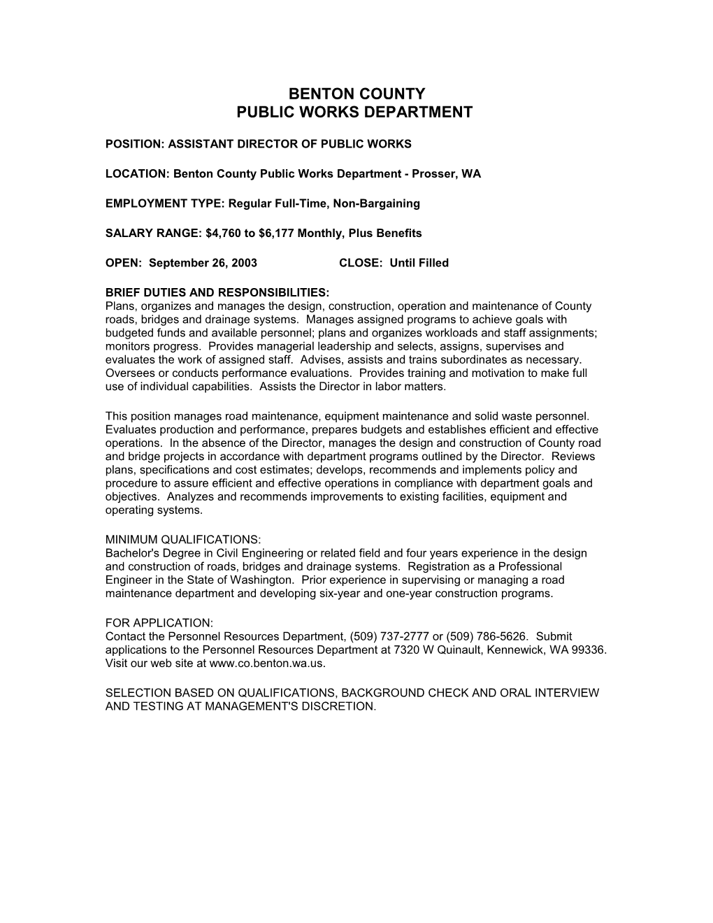 Position: Assistant Director of Public Works