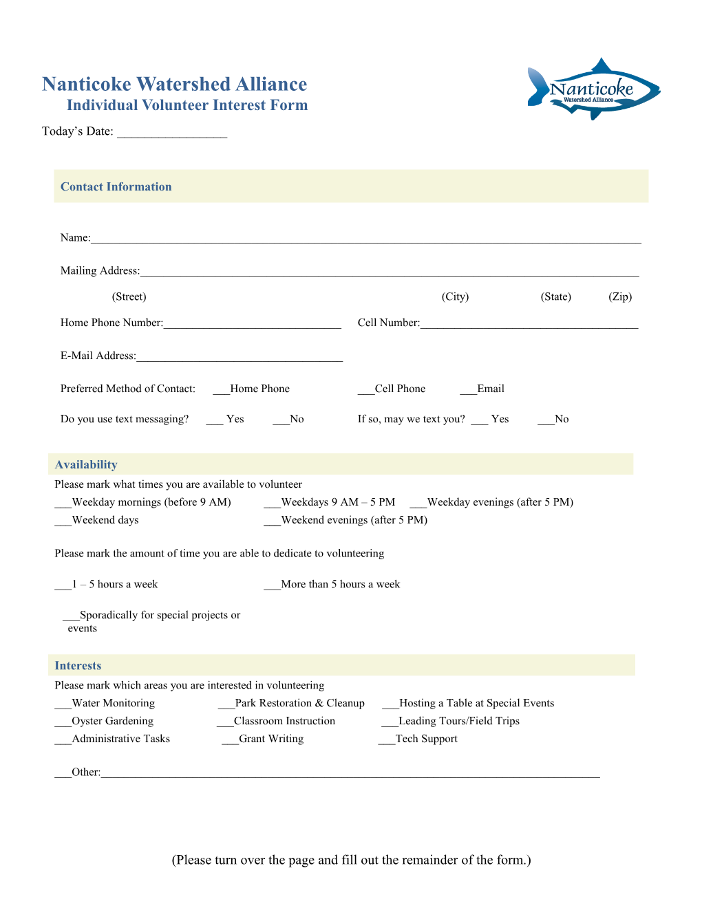 Nanticoke Watershed Allianceindividual Volunteer Interest Form