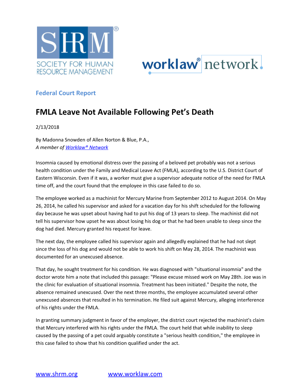 Federal Court Report FMLA Leave Not Available Following Pet S Death