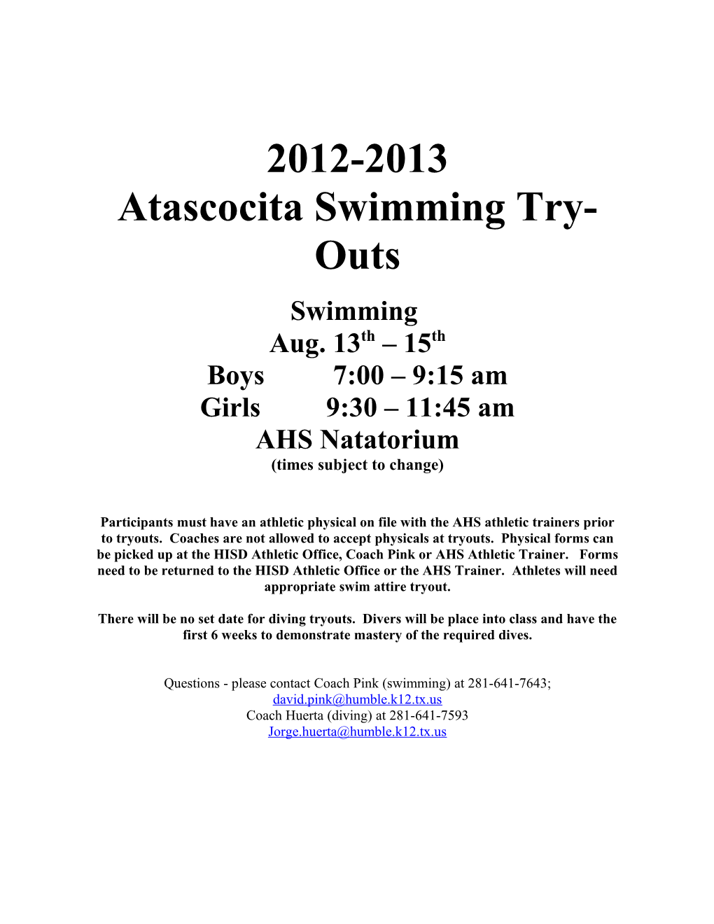 Atascocita Swimming Try-Outs