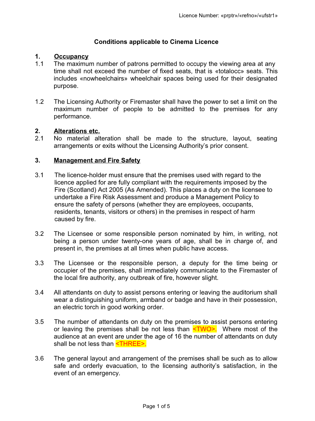 Conditions Applicable to Cinema Licence