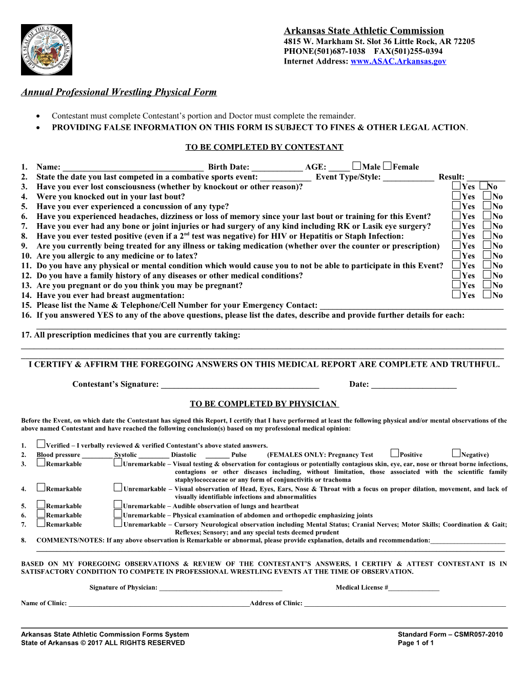 Arkansas State Athletic Commission Forms Systemstandard Form CSMR057-2010