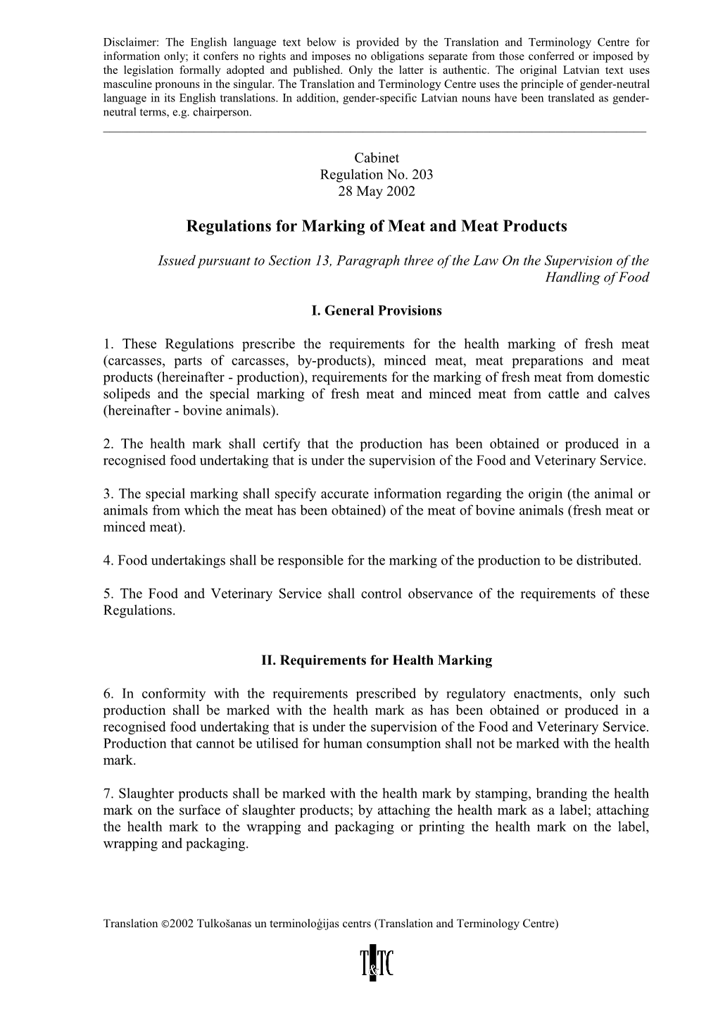 Regulations for Marking of Meat and Meat Products