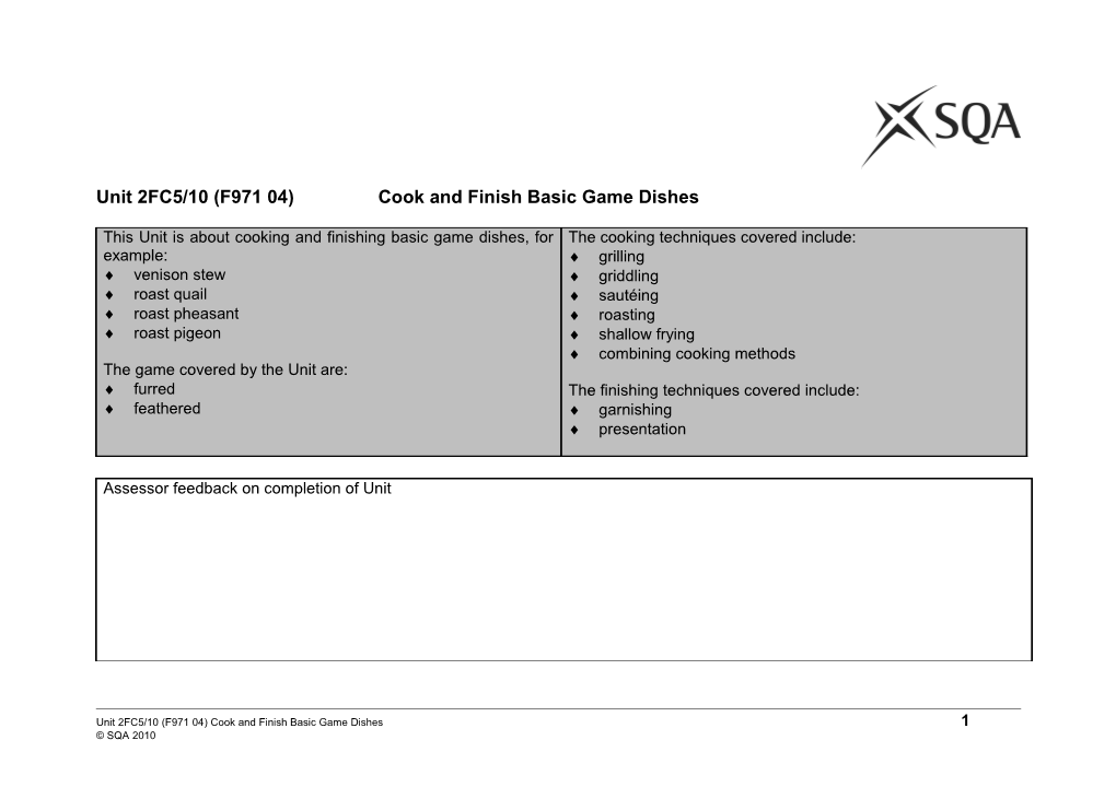 Unit 2FC5/10 (F971 04)Cook and Finish Basic Game Dishes