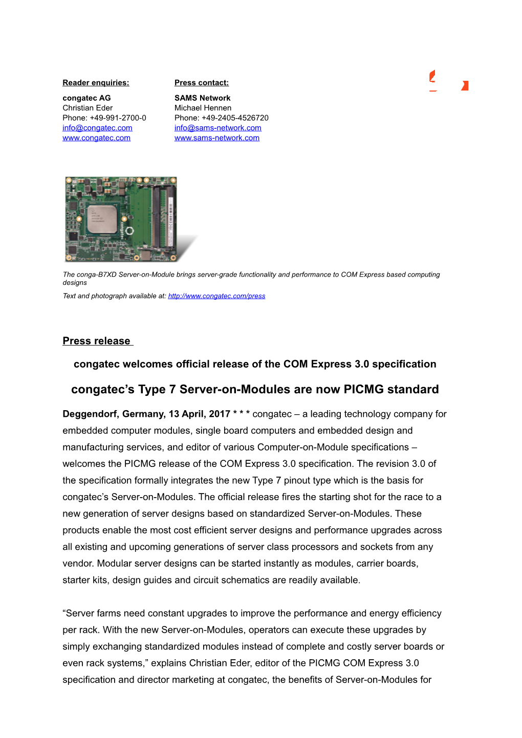 Congatec Welcomes Official Release of the COM Express 3.0 Specification