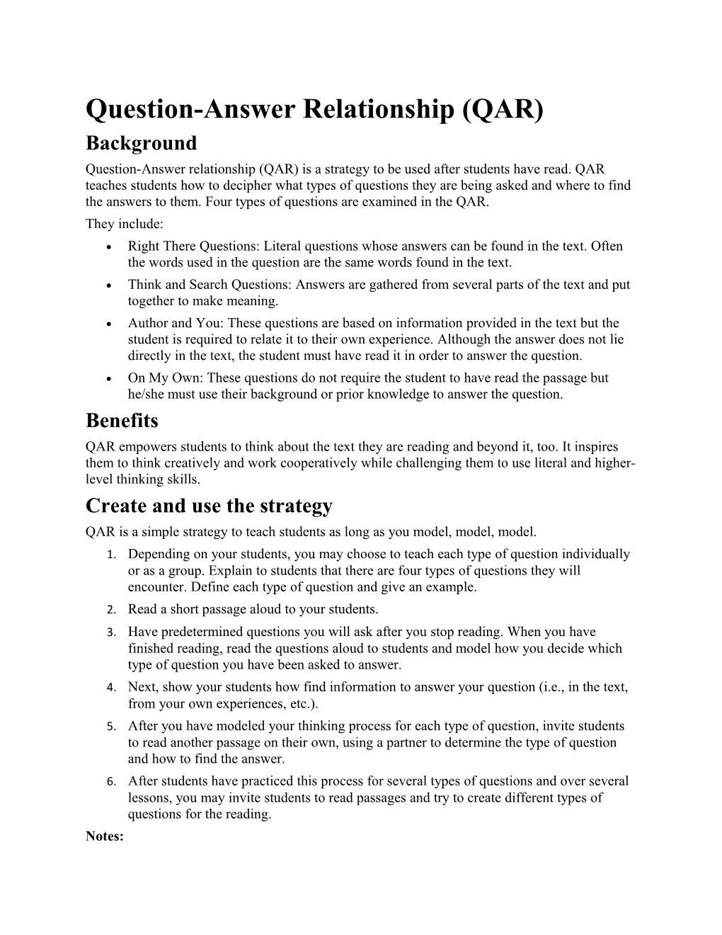 Question-Answer Relationship (QAR)