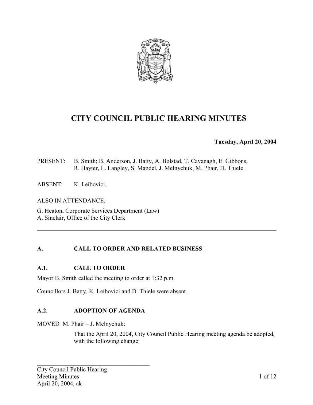 Minutes for City Council April 20, 2004 Meeting