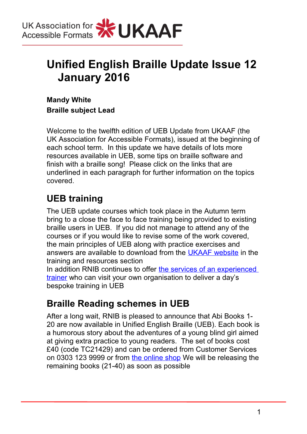 Unified English Braille Update Issue 12January2016