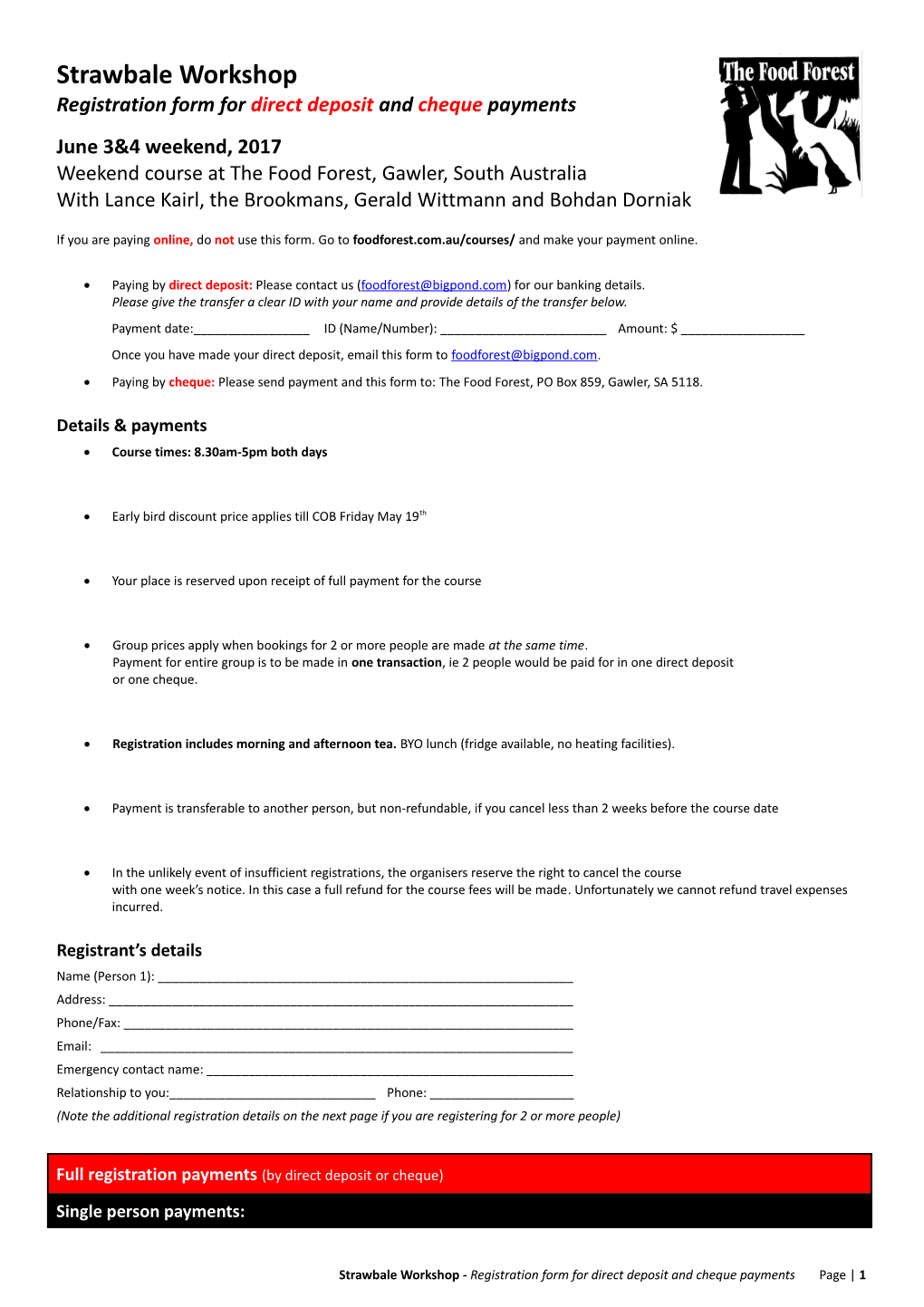 Strawbale Workshop Registration Form for Direct Deposit and Cheque Payments