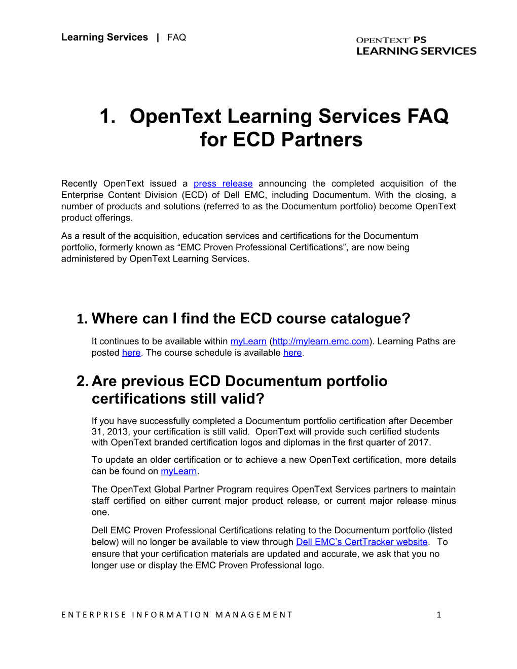 Opentext Learning Services FAQ for ECD Partners