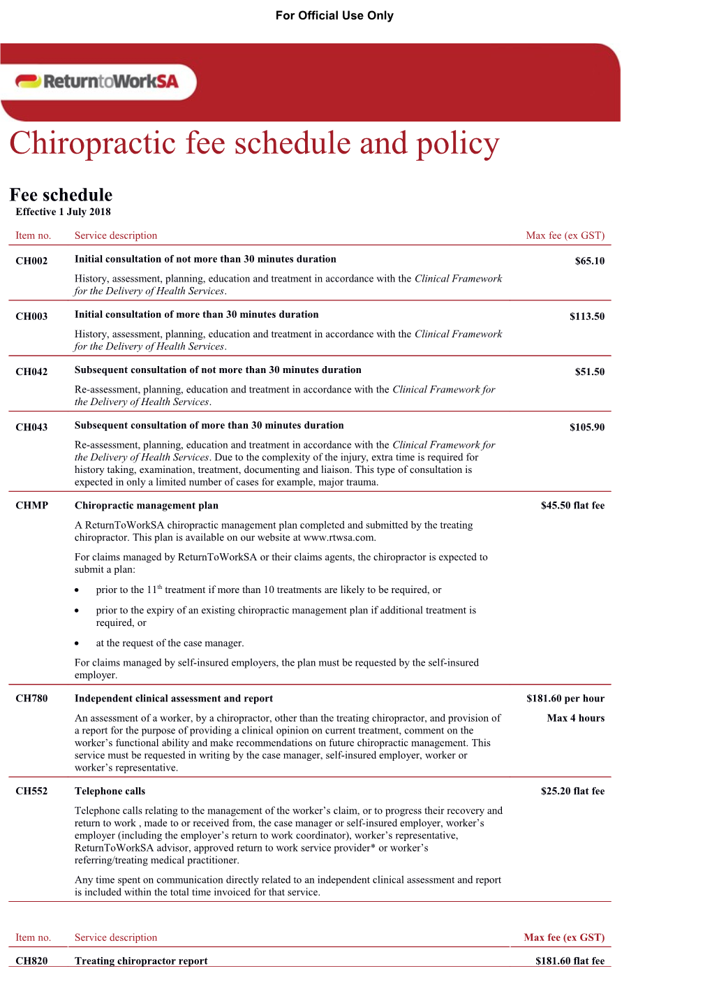 Chiropractic Fee Schedule and Policy