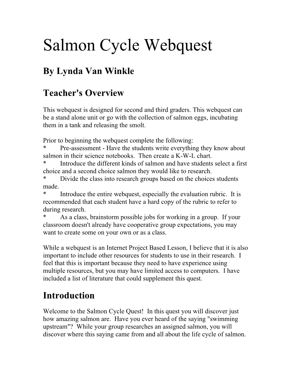 Salmon Cycle Webquest