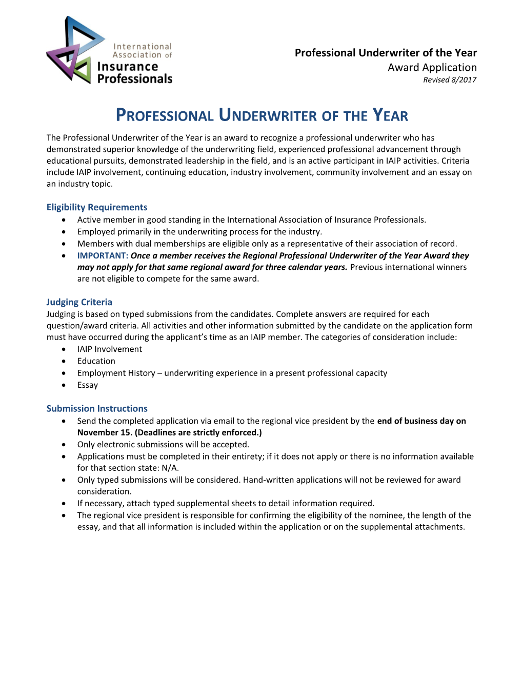 Professionalunderwriter of the Year Application PAGE 1