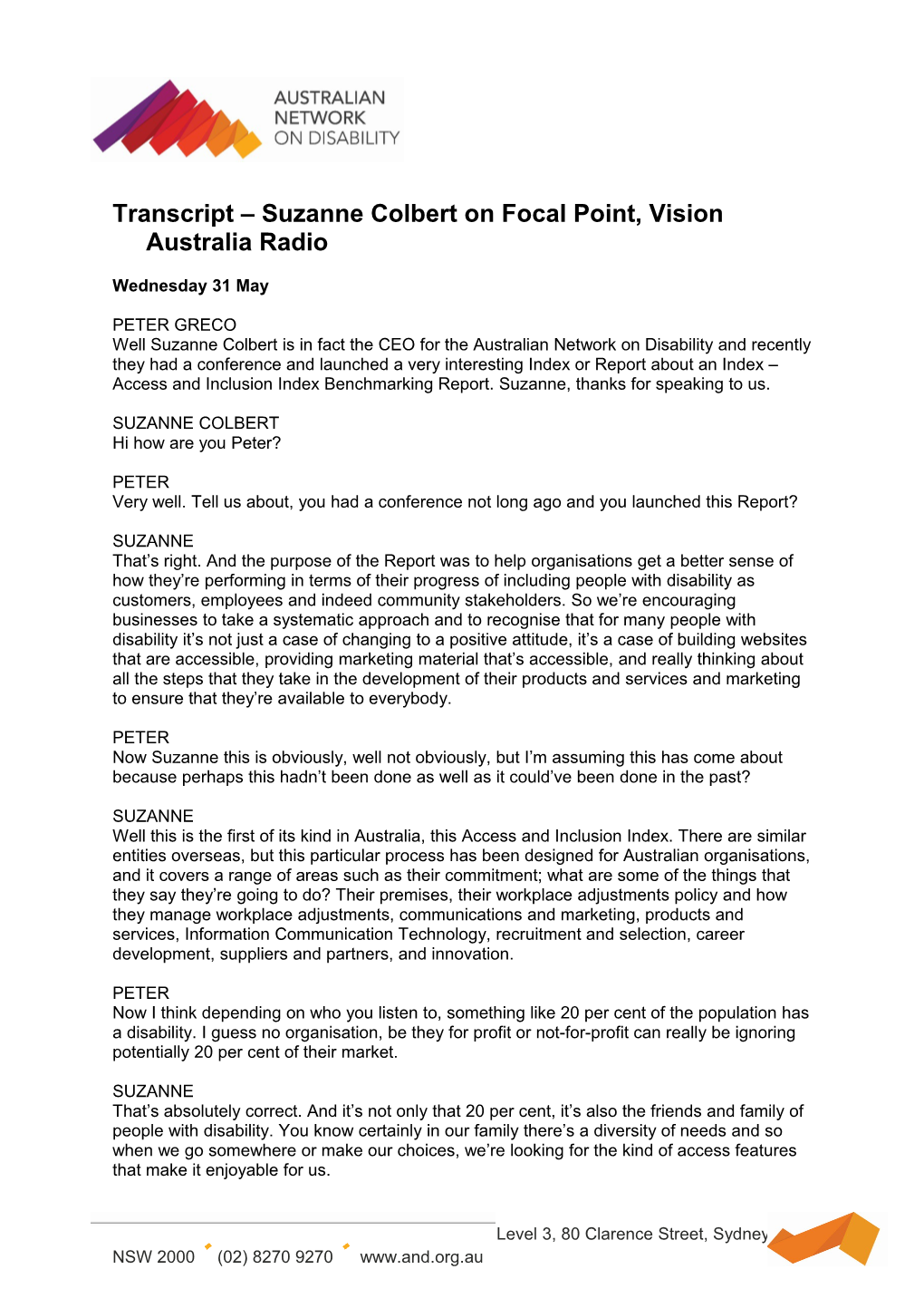 Transcript Suzanne Colbert on Focal Point, Vision Australia Radio