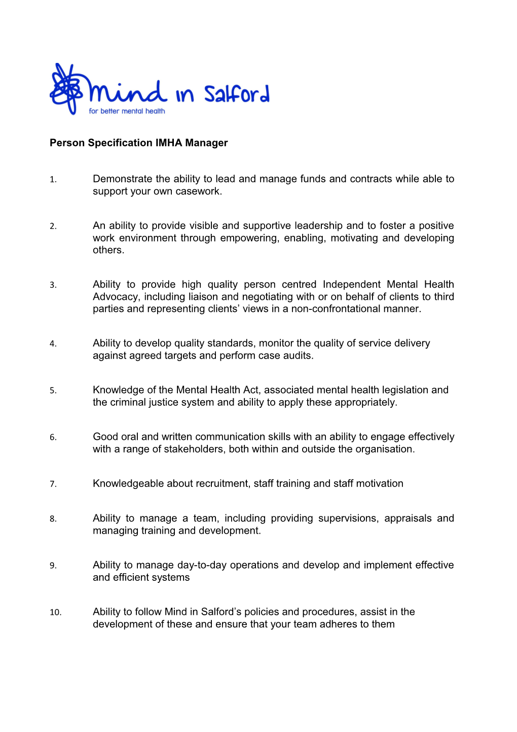 Person Specification IMHA Manager