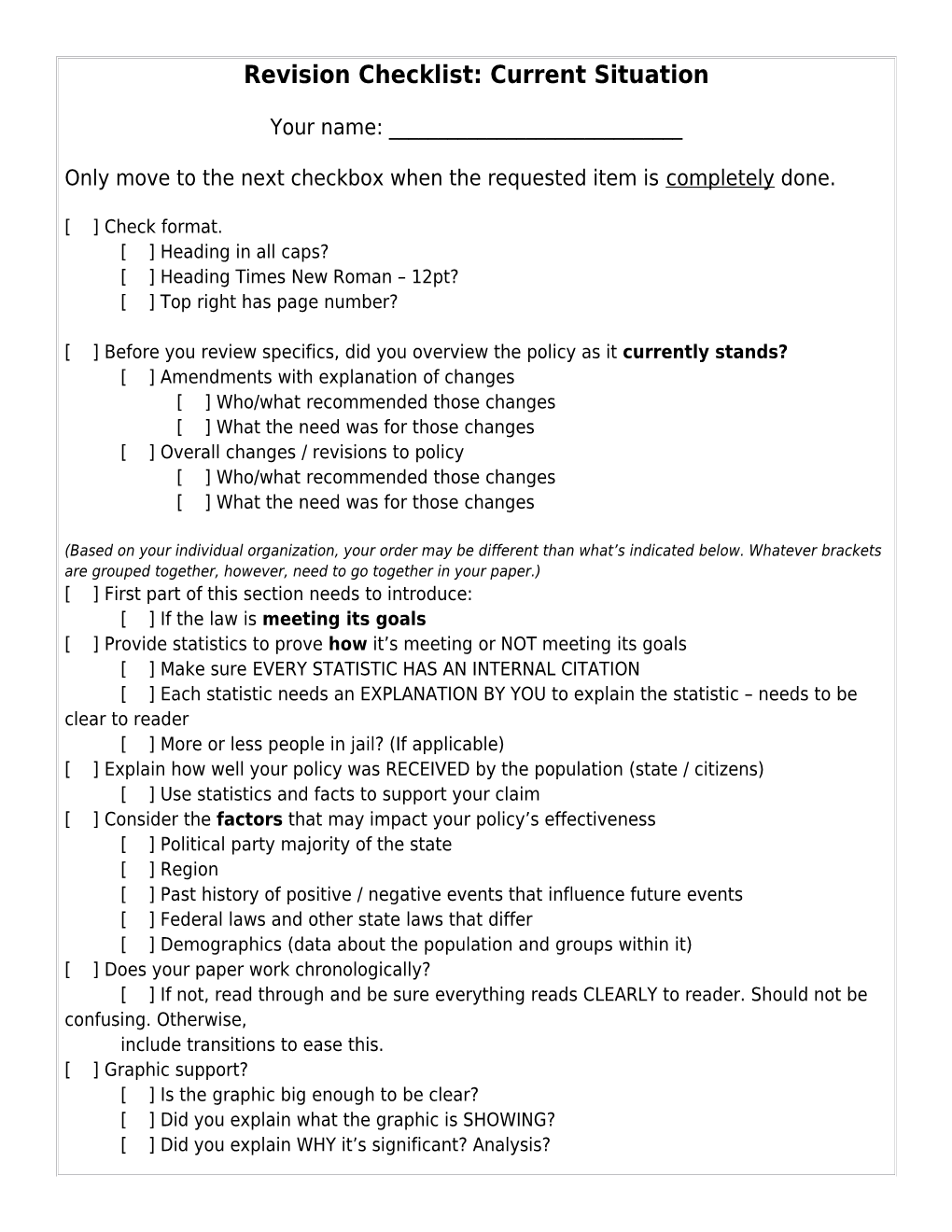 Revision Checklist: Current Situation