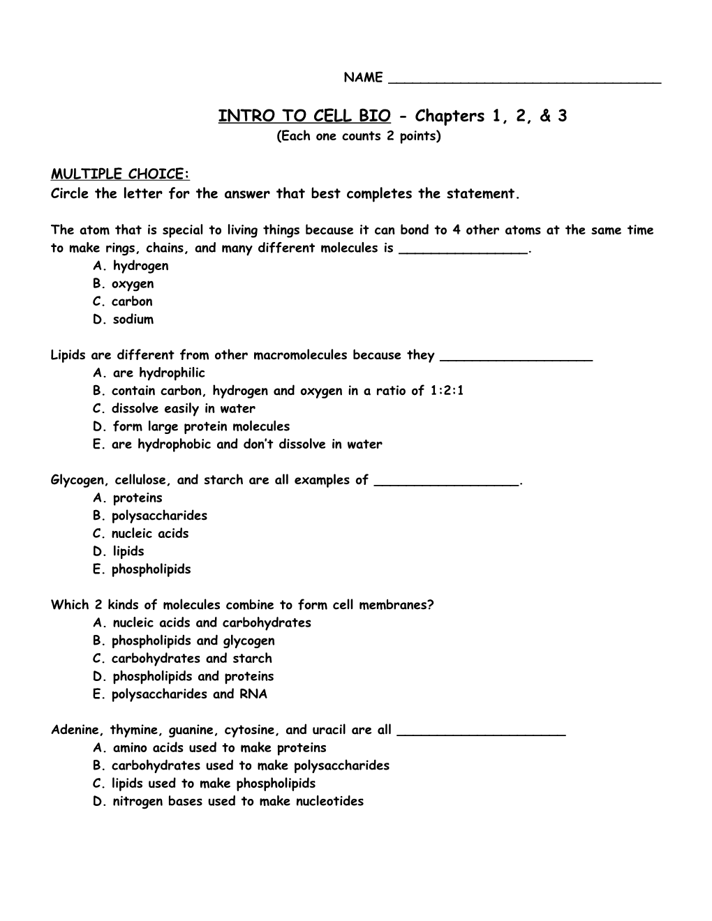 INTRO to CELL BIO - Chapters 1, 2, & 3