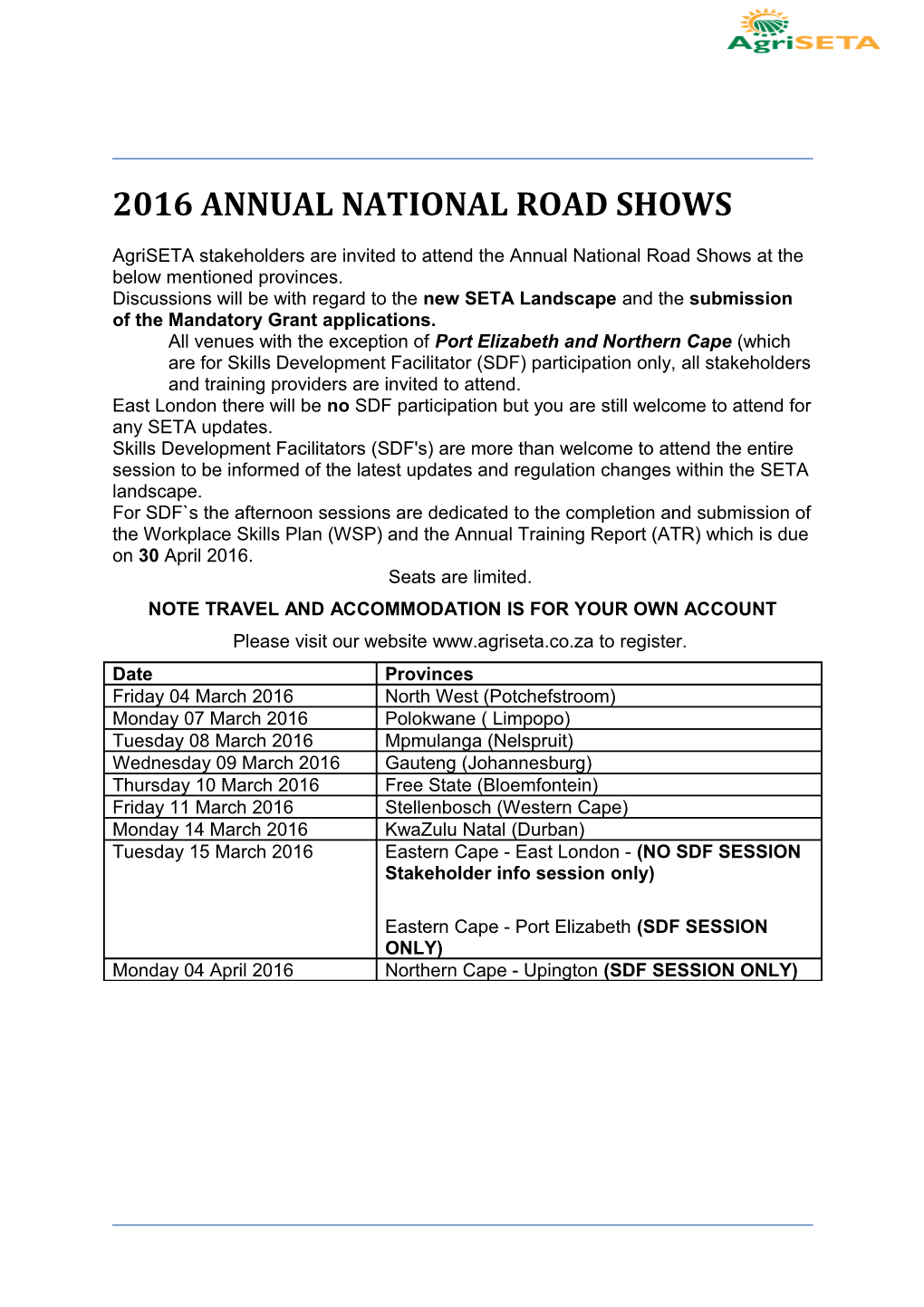 2016 Annual National Road Shows