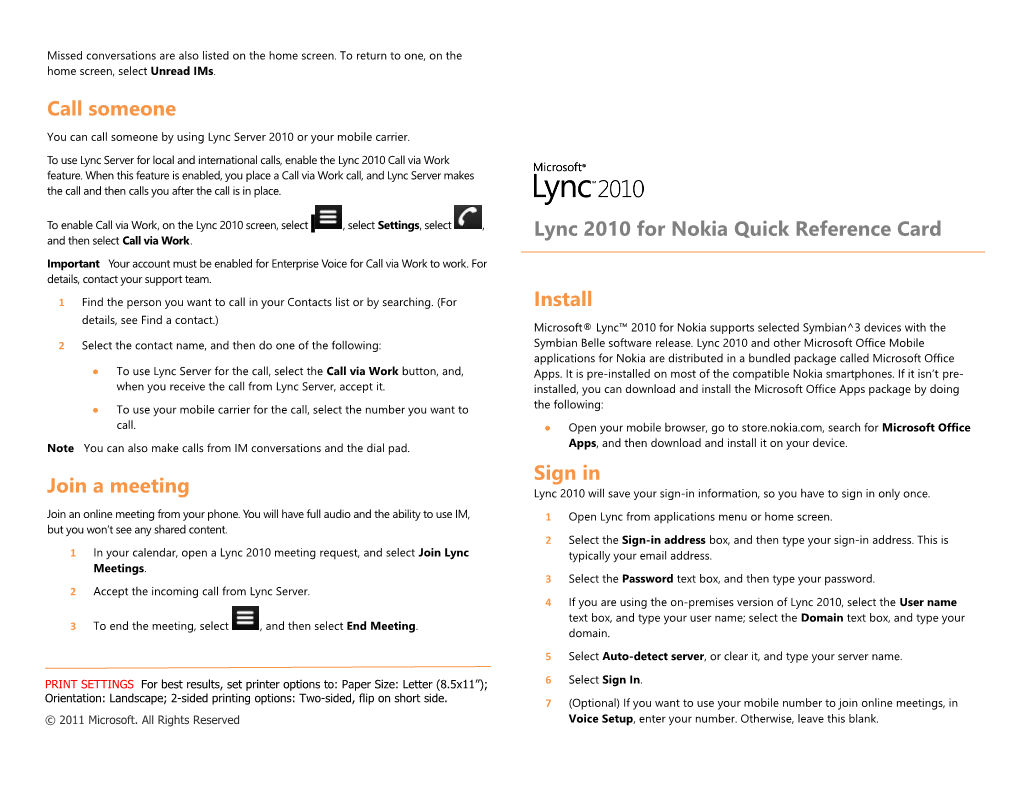Lync 2010 for Nokia Quick Reference