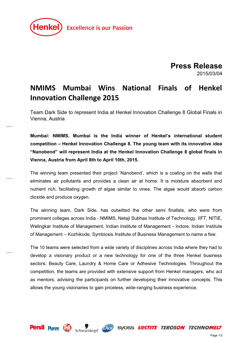 NMIMS Mumbai Wins National Finals of Henkel Innovation Challenge 2015