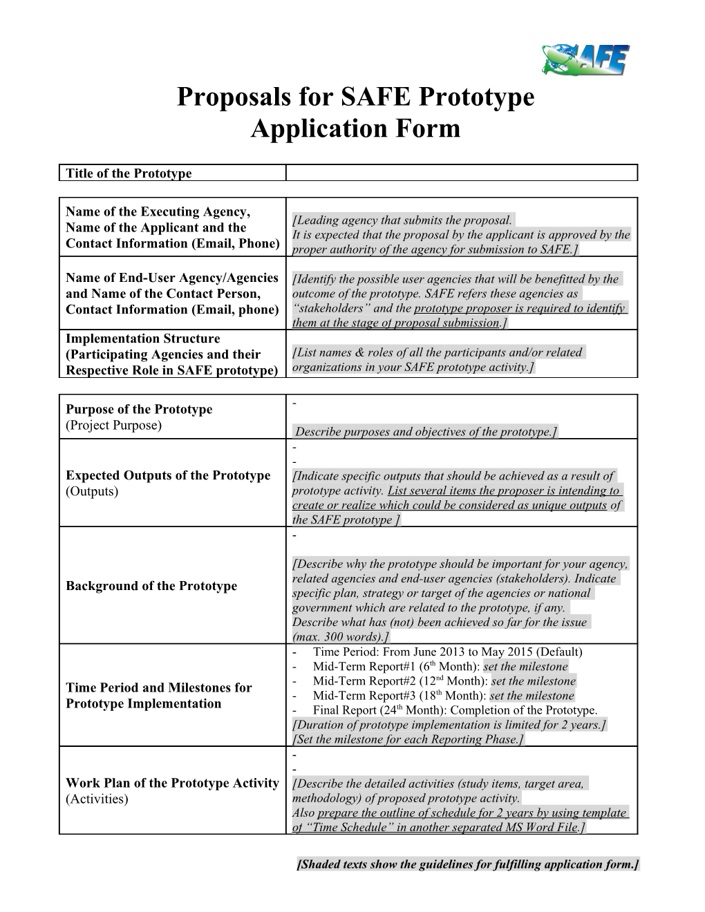 SAFE Prototype Activity Application Form