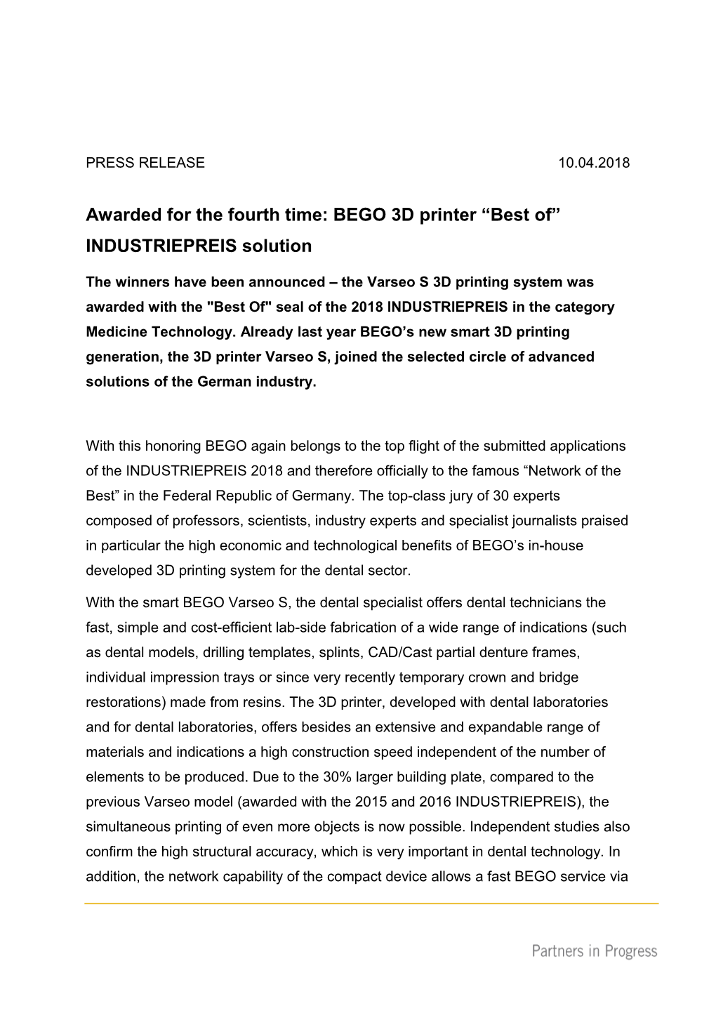 Awarded for the Fourth Time: BEGO 3D Printer Best of INDUSTRIEPREIS Solution