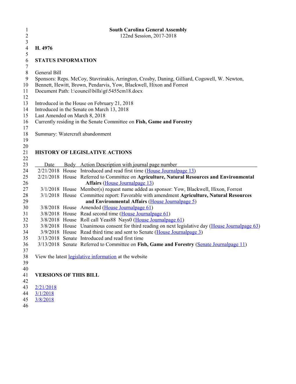 2017-2018 Bill 4976: Watercraft Abandonment - South Carolina Legislature Online