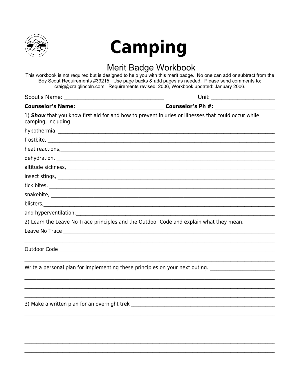 Camping P. 1 Merit Badge Workbook Scout's Name: ______