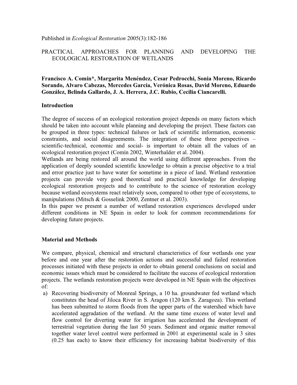 Practical Approaches for Planning and Developing the Ecological Restoration of Wetlands