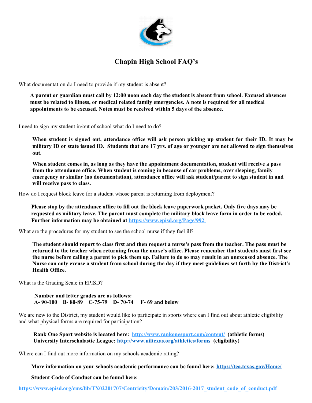 Chapin High School FAQ S