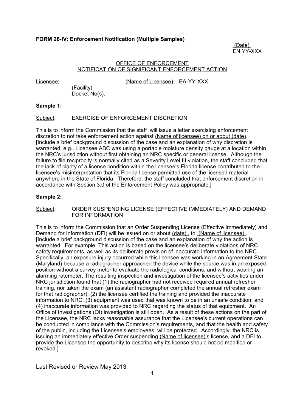 FORM 26-IV: Enforcement Notification (Multiple Samples)